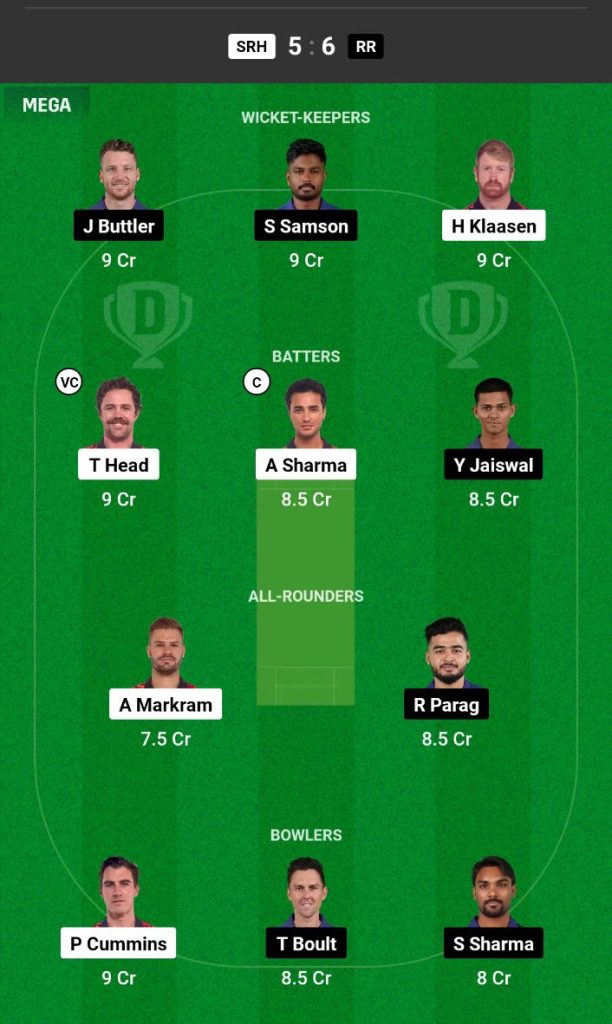 SRH vs RR Dream11 Prediction Today Match Team 1