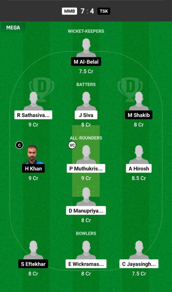 MMB vs TSK Dream11 Prediction Today Match Team 1