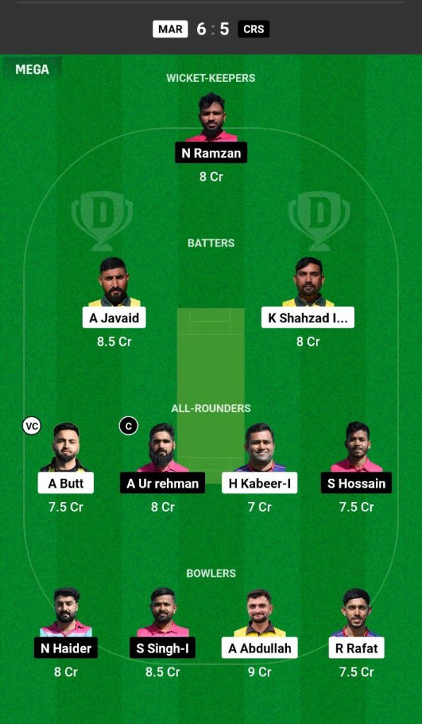 MAR vs CRS Dream11 Prediction Today Match Team 1