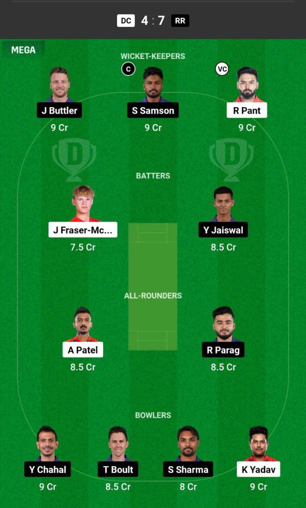 DC vs RR Dream11 Prediction Today Match Team 1