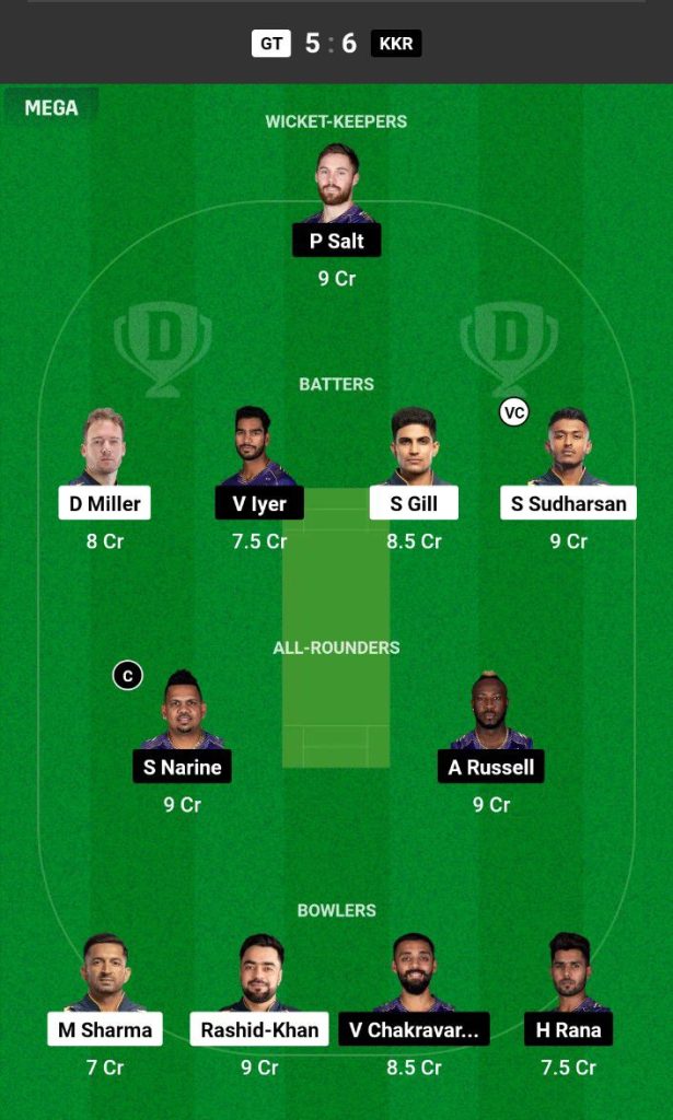 GT vs KKR Dream11 Prediction Today Match Team 1