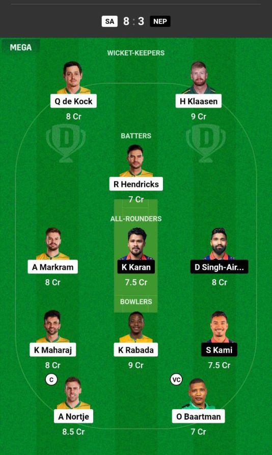 SA vs NEP Dream11 Prediction Today Match Team 1