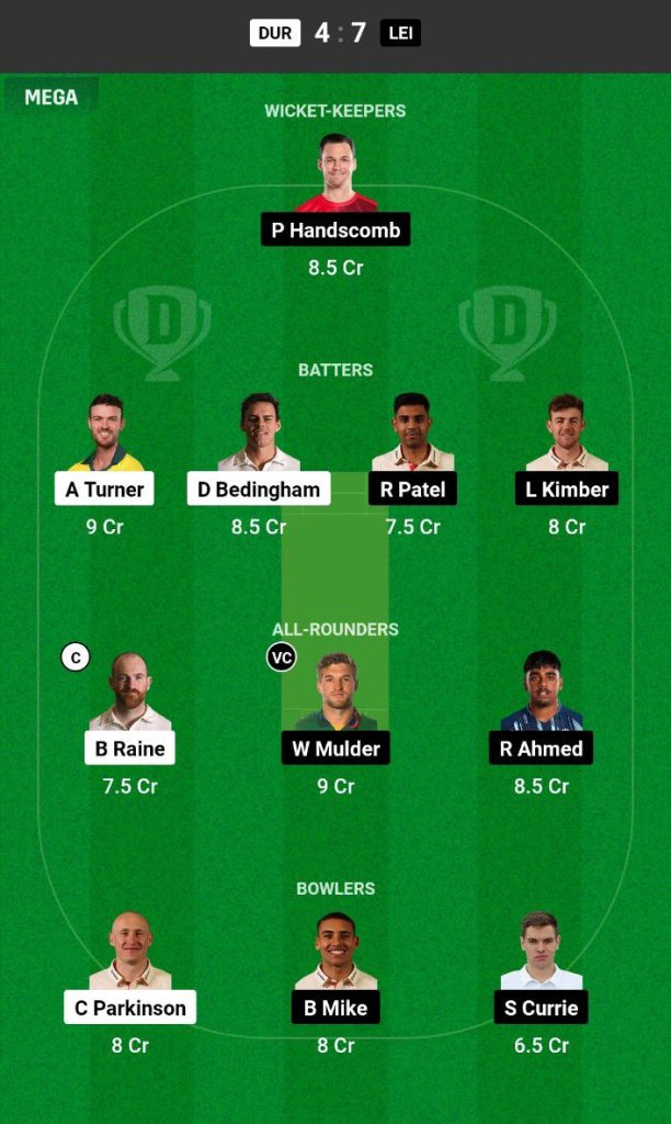 DUR vs LEI Dream11 Prediction Today Match Team 1