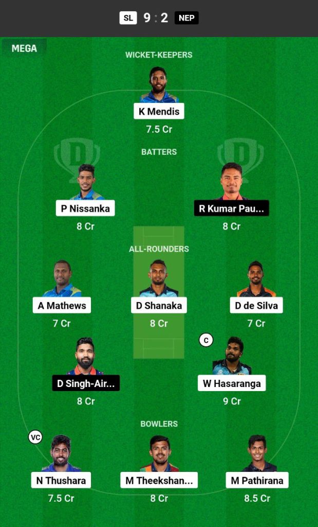 SL vs NEP Dream11 Prediction Today Match Team 1