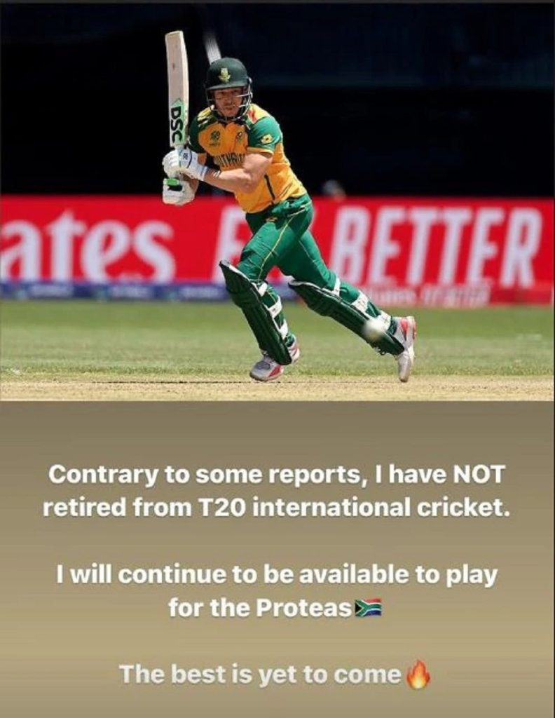 The Truth Behind David Miller T20I Retirement: South Africans Reveals the Truth Via Instagram Story