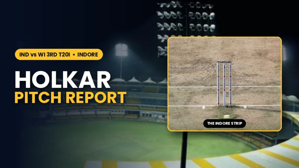 Holkar Stadium Pitch Report: IND vs WI 3rd T20I, Batting or Bowling Pitch in Indore? Holkar Stadium Indore pitch report for IND vs WI 3rd T20I, showing the floodlit stadium and a close-up of the pitch