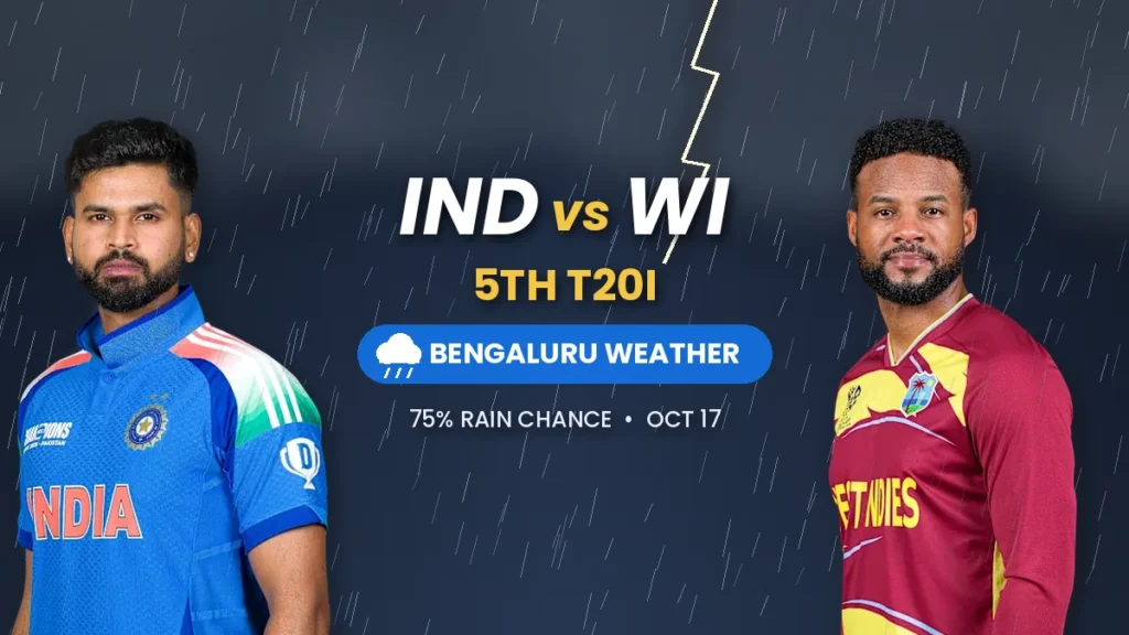 IND vs WI 5th T20I Bengaluru weather report with rain forecast, featuring Shreyas Iyer and Shai Hope