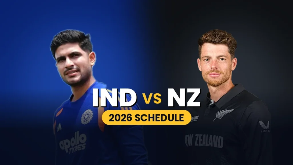Shubman Gill and Mitchell Santner with text IND vs NZ 2026 Schedule