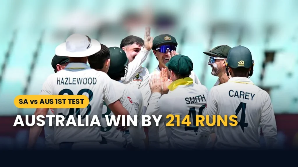 Hazlewood’s 6/49 Seals 214-Run Win for Australia in SA vs AUS 1st Test After Renshaw’s 190 Australia players celebrate with Josh Hazlewood after beating South Africa by 214 runs in the 1st Test at Kingsmead, Durban